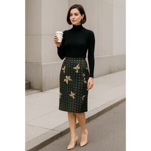 Michel Klein Paris Skirt 36 US 4 Brown Teal Floral Pencil Made in Japan